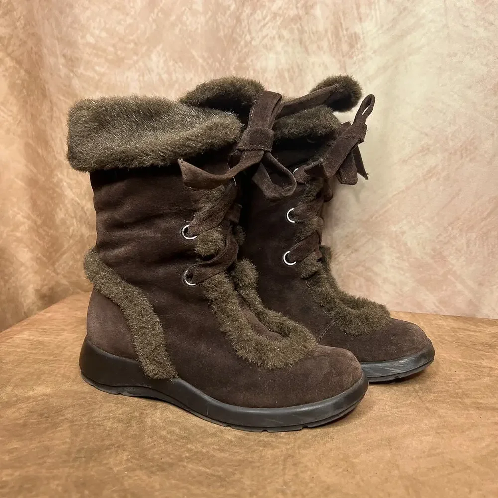Aerosoles Calf High Faux Fur Suede Lace Up Boots Brown Winter Indie Sleaze Ski